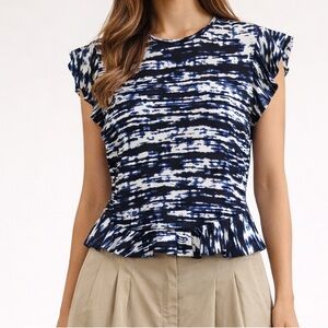 Zara Black Blue and‎ White Abstract Blouse zipper at the back size S
